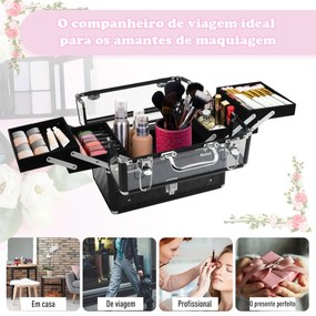 Estojo de maquiagem ou jóias Organizador de cosméticos portátil Com alça e bandejas 30x18,5x22 cm cor Transparente e preto