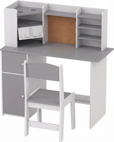 AIYAPLAY Secretária Infantil com Cadeira, Suporte Ajustável para Tablet, Porta-lápis, Quadro de Cortiça, Estantes e Armários, Cinzento | Aosom Portugal