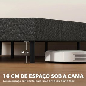 Cama Estofada 144x195 cm com Revestimento em Chenille Estrado de Ripas em Madeira Pés em Aço Montagem Fácil 400 kg Cinza