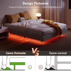 Cama 160x200 cm (COLCHÃO NÃO INCLUIDO) com Luzes LED Estofada em Linho Ripas de Madeira Silenciosa Fácil de Montar Cinzento