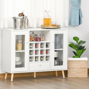 HOMCOM Aparador de Cozinha Armário de Armazenamento com 12 suportes para Garrafas e 3 Estantes Portas de vidro 100x30x80cm Branco