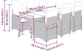 7 pcs conjunto de bistrô p/ jardim c/ almofadões vime PE preto
