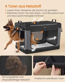 Transportadora dobrável para cães 106,7 x 71,2 x 71,2 cm com 4 portas em tecido de malha Preto