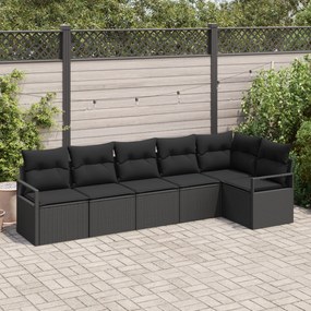 Conjunto de Sofá de Jardim de 6 Peças com Almofadas Preto Rattan Poliéster