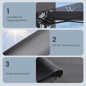 Toldo varanda de braço articulado 250 x 200 cm (C x L), manivela, FPS 50+ Cinza