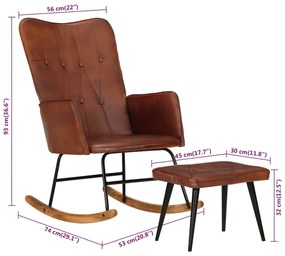Cadeira de baloiço com apoio de pés couro genuíno castanho
