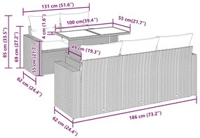 7 pcs conj. sofás jardim com almofadões vime PE cinzento-claro