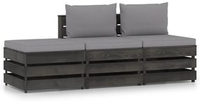 3 pcs conj. lounge jardim + almofadões madeira impreg. cinzento