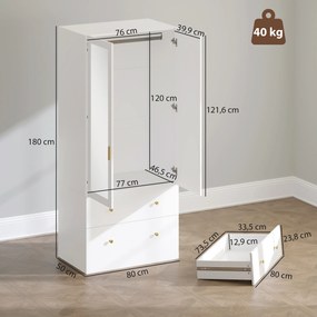Guarda Roupa com 80x50x180 cm 2 Portas e 2 Gavetas Armário Roupeiro com Espelho Barra para Pendurar Estilo Moderno Branco