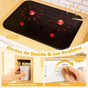 Cozinha de brinquedo para crianças com luzes e sons realistas, frigorífico, dispensador de água, máquina de lavar roupa e acessórios de cozinha amarel