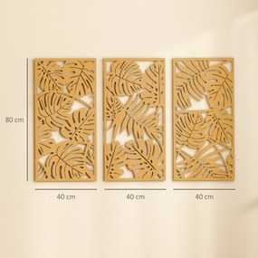 Decoração de Parede de Madeira 3D 3 Peças 40x80 cm Adornos com Padrão de Folhas Tropicais Madeira