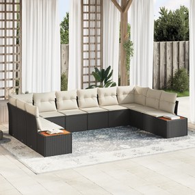 vidaXL Conjunto de Sofá de 10 Peças para o Jardim com Almofadas Preto Rattan Polipropileno Acácia