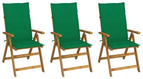 vidaXL Cadeiras de jardim dobráveis c/ almofadões 3 pcs acácia maciça