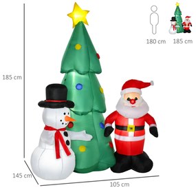Árvore de Natal Inflável 185cm com Luzes LED Pai natal e Boneco de Neve Infláveis Decoração de Natal Iluminada Interior e Exterior 105x145x185cm Multicolor