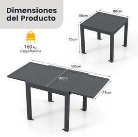 Mesa de jardim extensível 80-160 cm  em alumínio para 4-6 pessoas Mesa de metal quadrada e retangular Cinzento