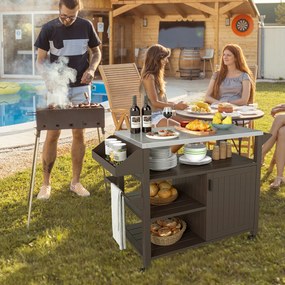 Carrinho para churrasco 116 x 50 x 87 cm com rodas com bancada em aço inoxidável, 3 prateleiras, armário e prateleira para temperos Castanho + Pratead