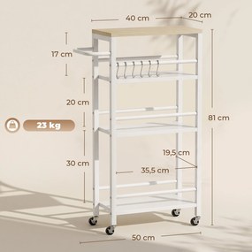 Carro de serviço de cozinha de 4 níveis, com Rodas, porta-toalhas e 6 ganchos, 50 x 20 x 81 cm, carvalho