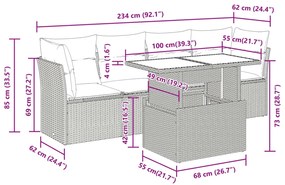 5 pcs conjunto sofás de jardim c/ almofadões vime PE cinzento