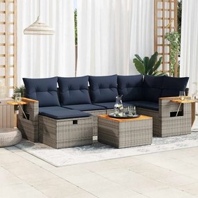 7 pcs conjunto sofás p/ jardim c/ almofadões vime PE cinzento