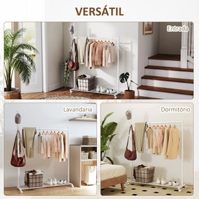 Guarda roupa com Rodas 5 Ganchos Barra para Pendurar e Prateleira Inferior 120x43x171 cm Branco
