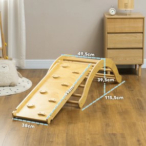 Arco de escalada infantil 4 em 1, cadeira de baloiço, rampa de escalada de dupla face e almofada, 168 x 49,5 x 39,5 cm, madeira natural