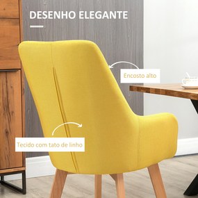 HOMCOM Conjunto de 2 Cadeiras de Sala de Jantar Cadeiras de Sala de Jantar Estofada em Linho com Encosto Alto e Pés de Madeira de Borracha para Sala de Estar Escritório Carga Máxima 120kg 60x67,5x101cm Amarelo