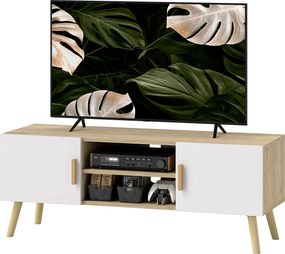 Móvel para televisão 110  x 36,2 x 42 cm para televisões até 50 polegadas, com prateleiras, 2 armários e passadores de cabos, em cor carvalho
