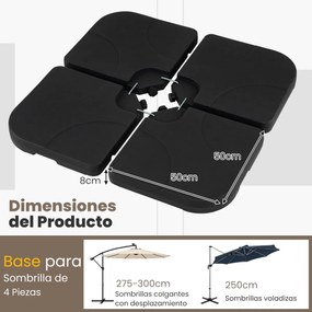 Base para guarda-sol, 4 peças, para encher com água ou areia, alças de transporte, 74 kg, quadrada, guarda-sol com saliência, para pátio, jardim, terr