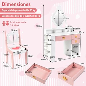Conjunto de Toucador Infantil com Espelho e Cadeira, 80 x 40 x 130 cm, Espaço de Arrumação Ajustável, Branco