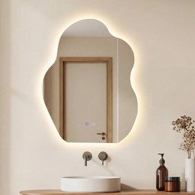 Espelho de casa de banho LED assimétrico com 3 luzes 70 x 50 x 3,5 cm, intensidade regulável, função antiembaciamento e vidro temperado prateado
