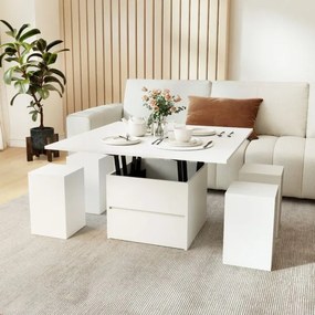 Mesa de centro elevável conversível em mesa de jantar para 4 pessoas com 4 bancos 3 em 1 extensível com e gaveta Branco
