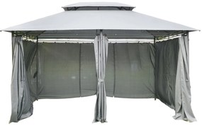 Pérgola de Jardim com Estrutura de Aço Teto Duplo 6 Cortinas Laterais 8 Orifícios de Drenagem 300x400x280 cm Cinza
