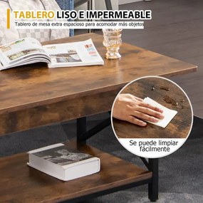 Mesa de centro industrial de 2 níveis com Estante para arrumação e estrutura em X de metal para sala de estar 110x60x48 cm Castanho