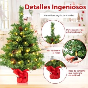 Árvore de Natal 64 cm Pequena Pré-iluminada para Mesa com 50 Luzes LED 8 Modos de Luz Base de Cimento Verde