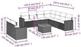 10 pcs conjunto sofás de jardim c/ almofadões vime PE preto