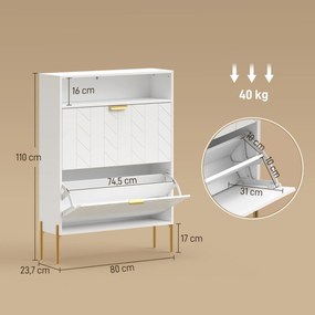 Sapateira com capacidade para 16 pares 80 (L) x 23,7 (P) x 110 (A) cm, armário estreito com 2 gavetas rebatíveis e um compartimento aberto, branco