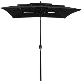 Guarda-sol de jardim 3 camadas c/ poste de alumínio 2x2 m preto