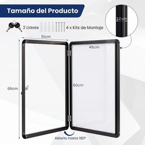 Quadro de Avisos Magnético, 66 x 51 x 3,2 cm, Porta com Fechadura, Preto+Branco