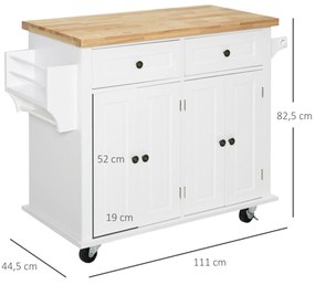 Ilha de Cozinha com Rodas Móvel Auxiliar de Cozinha com 2 Gavetas 4 Portas Suporte para Temperos e Barra Lateral 111x44,5x82,5cm Branco e Madeira