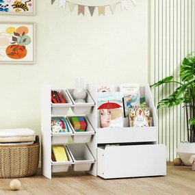 Móvel de arrumação infantil para brinquedos 100 x 30 x 80 cm, com 6 caixas removíveis e um grande baú com Rodas, branco
