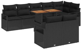 Conjunto de Sofá de Jardim com 9 Peças e Almofadas em Preto e Rattan S