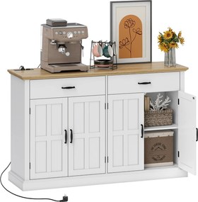 Aparador, móvel cozinha 140 x 40 x 91,5 cm com porta USB e tomada múltipla, com 2 armários com portas de estilo rústico, 2 gavetas e prateleiras ajust