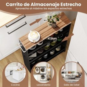 Carrinho cozinha estreito 47,5 x 13 x 80,5 cm com estação de carregamento de 4 níveis com rodas bloqueáveis preto + cor nogueira