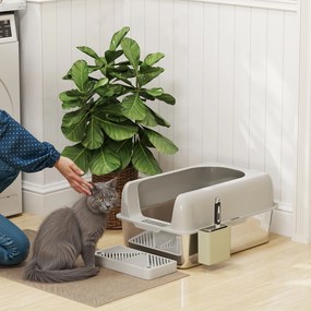Caixa de areia para gatos em aço inoxidável 60,2 x 40,6 x 29 cm, fácil de limpar, com bordas altas para evitar fugas de urina, com pá incluída, cinzen