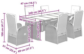 7 pcs conjunto de jantar p/ jardim c/ almofadões vime PE cinza