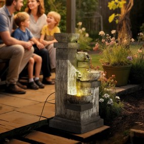Fonte de jardim em cascata com 4 níveis e luzes LED, em resina, 38 x 36 x 85 cm, cinzenta