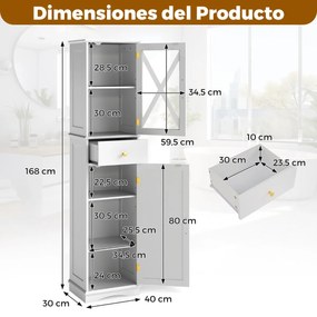 Armário alto para casa de banho estreito com gaveta 40 x 30 x 168 cm, 2 portas e 3 prateleiras branco