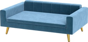Sofá-cama para cães com design escandinavo, almofada macia, pés em metal dourado, 94 x 59,5 x 31,5 cm, veludo sedoso azul