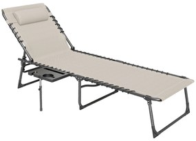 Outsunny Espreguiçadeira Dobrável Espreguiçadeira Jardim com Encosto Ajustável Apoio de Cabeça Bolsa Lateral Bandeja 190x60x31 cm Creme