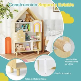 Estante infantil em forma de casa com compartimentos abertos 60 x 30 x 101 cm e pés em madeira de pinho Natural